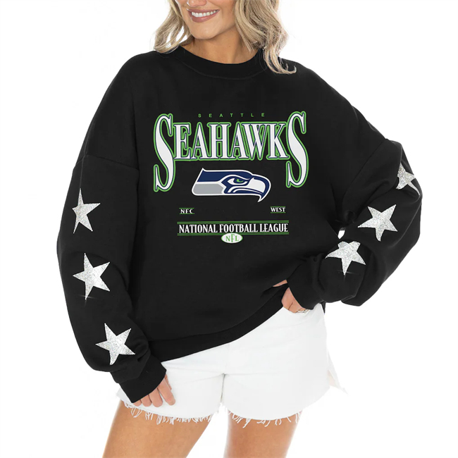 Women's Seattle Seahawks Gameday Couture Black Rhinestone Star Sleeve Settle the Score Oversized Tri-Blend Pullover(Run Small)